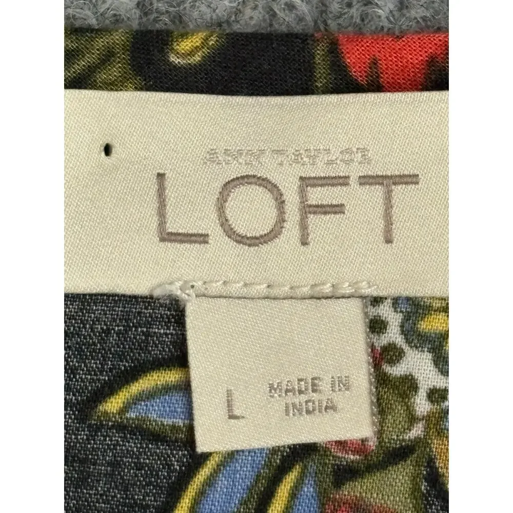 LOFT Floral Peasant Blouse L Puff Sleeve Boho Cotton Navy Multicolor Top